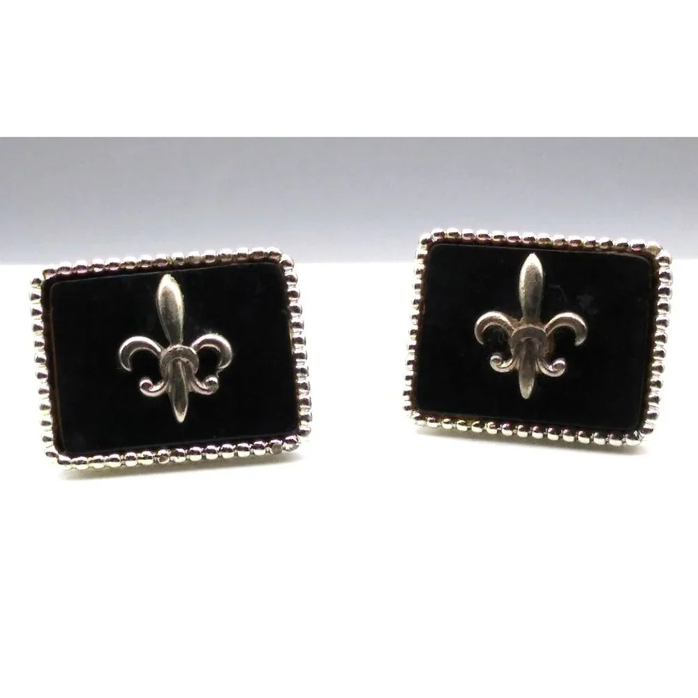 Vintage Fleur de Lis Cuff Links, Dapper Silver Tone on Black Background